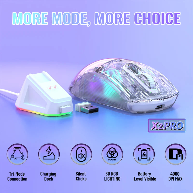 ATTACK SHARK X2 PRO Wireless Semi-Transparent Black Gaming Mouse with RGB Magnetic Charging Dock,Tri-Mode (BT/2.4G/Wired)-White
