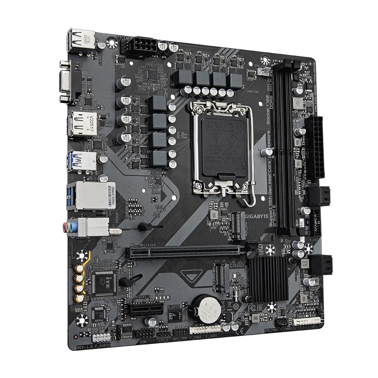 GIGABYTE B760M E DDR5 LGA1700 Micro ATX PC Case, Intel B760 Chipset, 2 x DDR5 DIMM / Up to 92GB Support, PCIe 4.0, 4* M.2, Realtek GbE LAN, HDMI / D-Sub / DP, USB-C