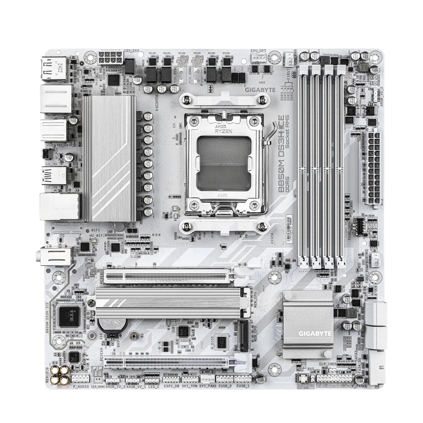 GIGABYTE B850M DS3H ICE AM5 M-ATX Motherboard, AMD B850 Chipset, 4x DDR5 DIMM Slots, Up to 256GB Max Memory, 1x PCIe 5.0 x16, 2x M.2 Slots, White