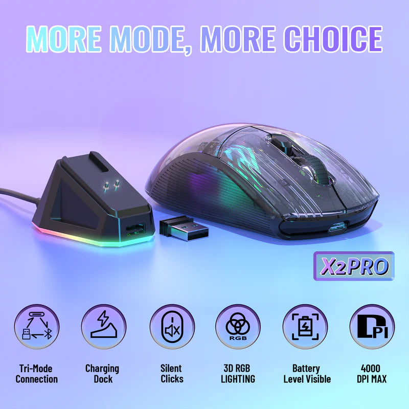 ATTACK SHARK X2 PRO Wireless Semi-Transparent Black Gaming Mouse with RGB Magnetic Charging Dock,Tri-Mode (BT/2.4G/Wired)-Black