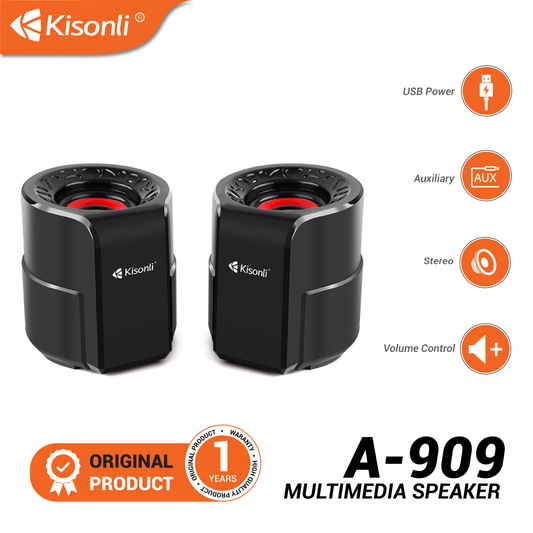 Kisonli A-909 Wired Computer Speaker, 2 Pieces - Black and Red