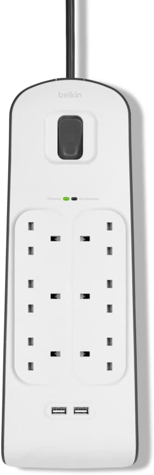 Belkin 6 Way 2 Meter Surge Protection Strip with x 2.4 Ampere USB Charging