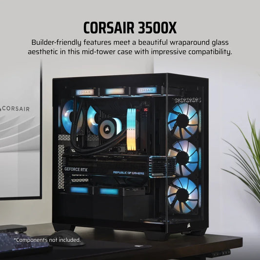 Corsair 3500X Mid-Tower Computer Case, Compatible With Hidden Connector MOBO's, Up to 360mm Radiator & 10x Fan Support, Tempered Glass Case Window, 1x Type-C, 2x Type-A & Audio In/Out Interface, Black -GC