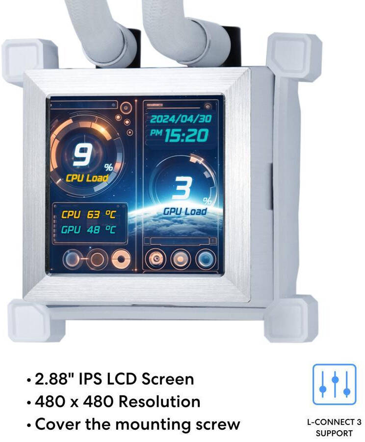 Lian-Li HydroShift LCD 360R AIO Liquid CPU Cooler, 360mm Radiator, 2.88" IPS Display, 3800 RPM Pump Speed, 2400 RPM Fan Speed, 79.9 CFM Airflow, FBD Bearing Type, White.