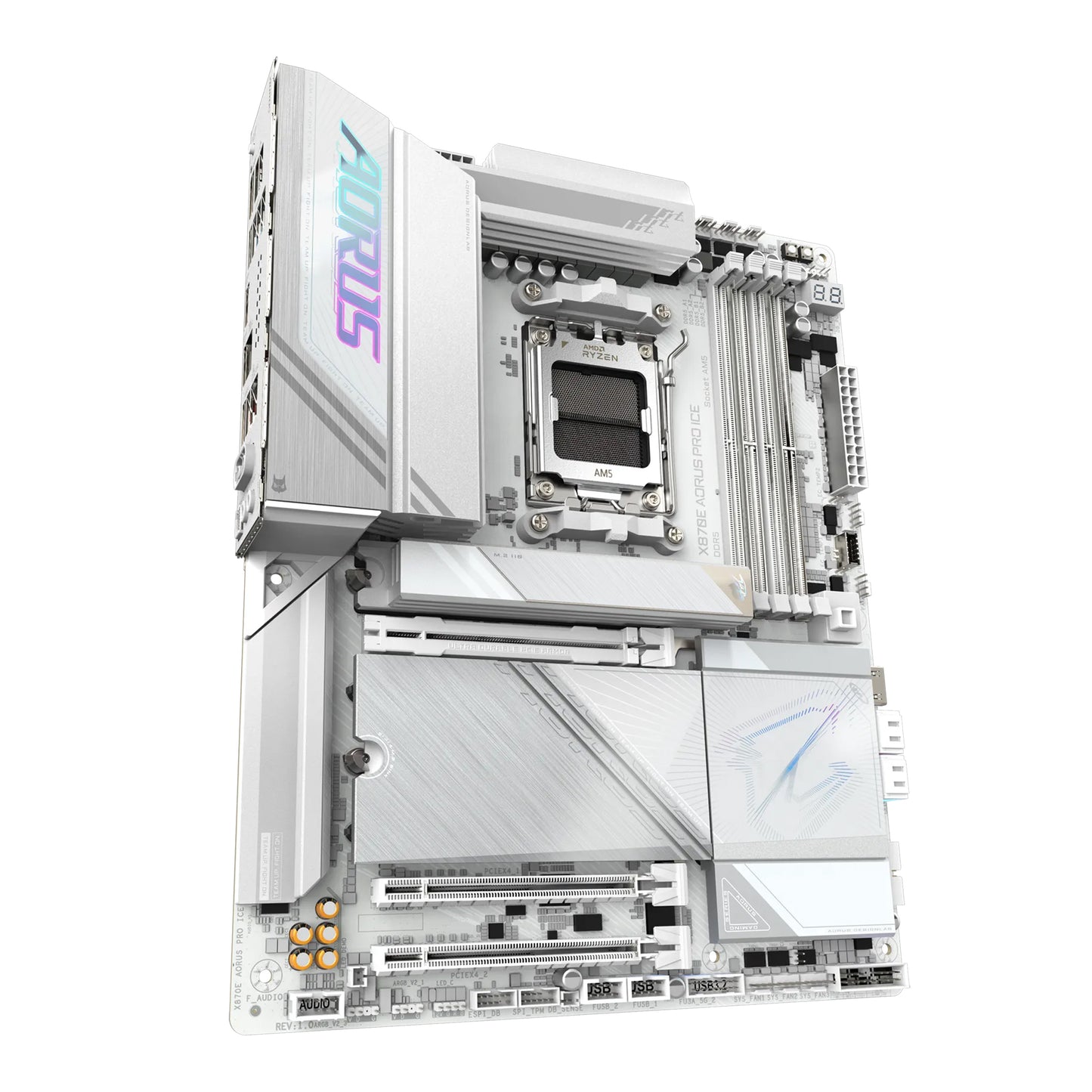 GIGABYTE X870E AORUS PRO ICE ATX Motherboard, AMD X870E Chipset, 4 x DDR5 DIMM Slots, Up to 256GB Memory, Wi-Fi 7 & Bluetooth 5.3, 1 x PCIe 5.0 x16, 4 x M.2 Slots