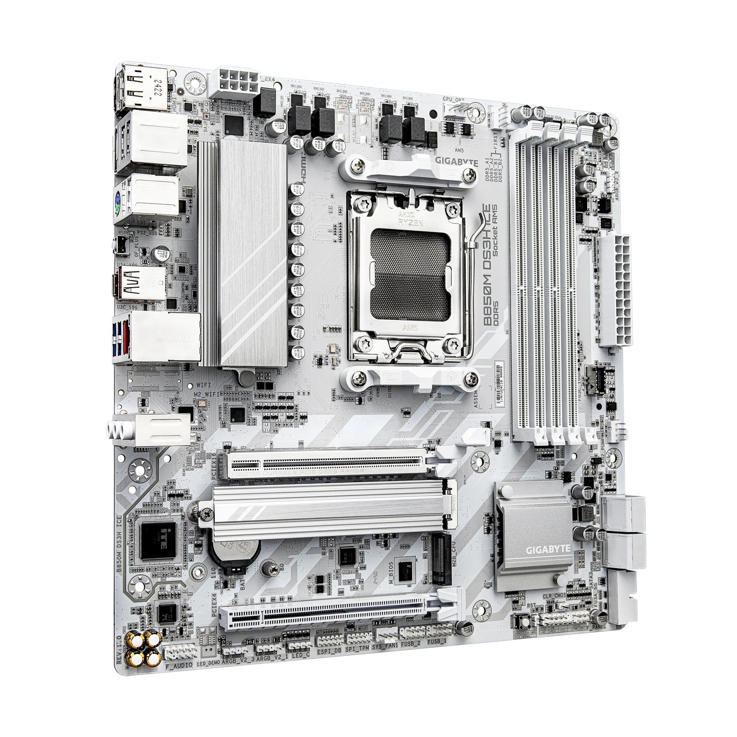 GIGABYTE B850M DS3H ICE AM5 M-ATX Motherboard, AMD B850 Chipset, 4x DDR5 DIMM Slots, Up to 256GB Max Memory, 1x PCIe 5.0 x16, 2x M.2 Slots, White