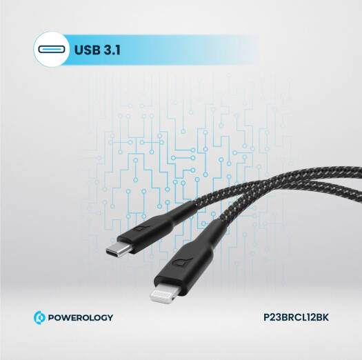 Powerology New Braided Type-C to Lightning Cable, 1.2M Length, PD 60W, 30000+ Bends, Fast Charging, P23BRCL12BK