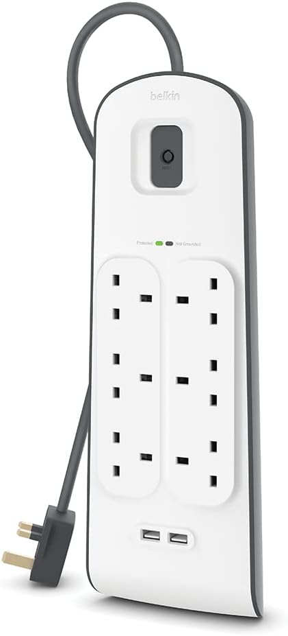 Belkin 6 Way 2 Meter Surge Protection Strip with x 2.4 Ampere USB Charging