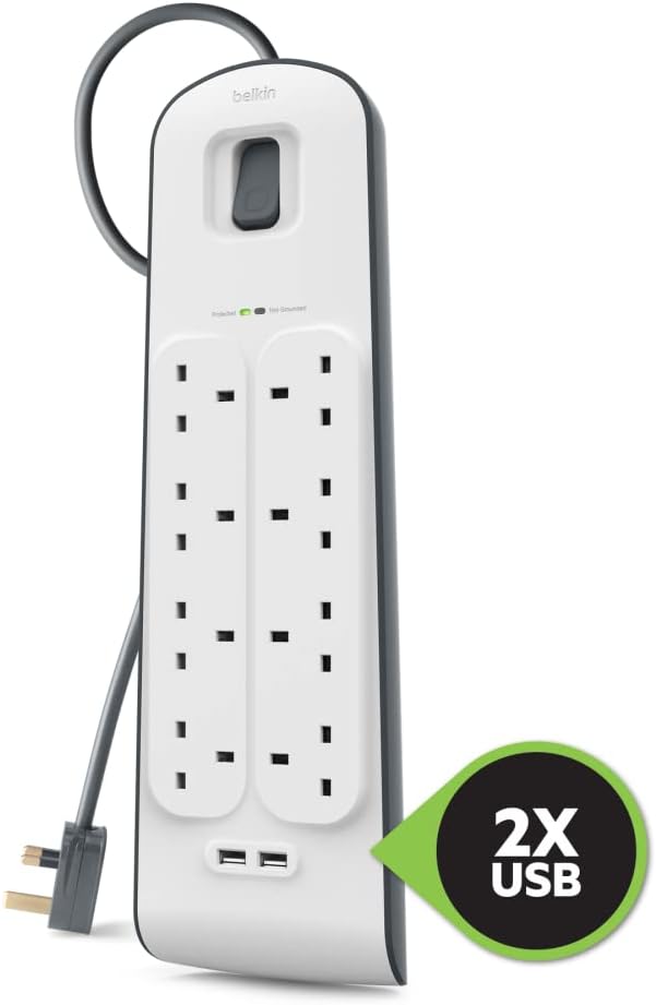 Belkin 8 Way/8 Plug Surge Protection Strip With 2 Meters Cord Length - Heavy Duty Electrical Extension Socket With 2 X 2.4 A Shared USB Ports