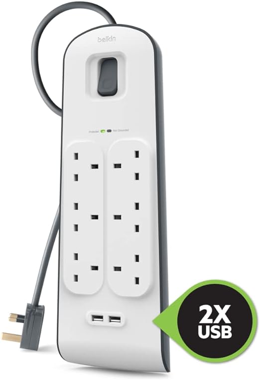 Belkin 6 Way 2 Meter Surge Protection Strip with x 2.4 Ampere USB Charging