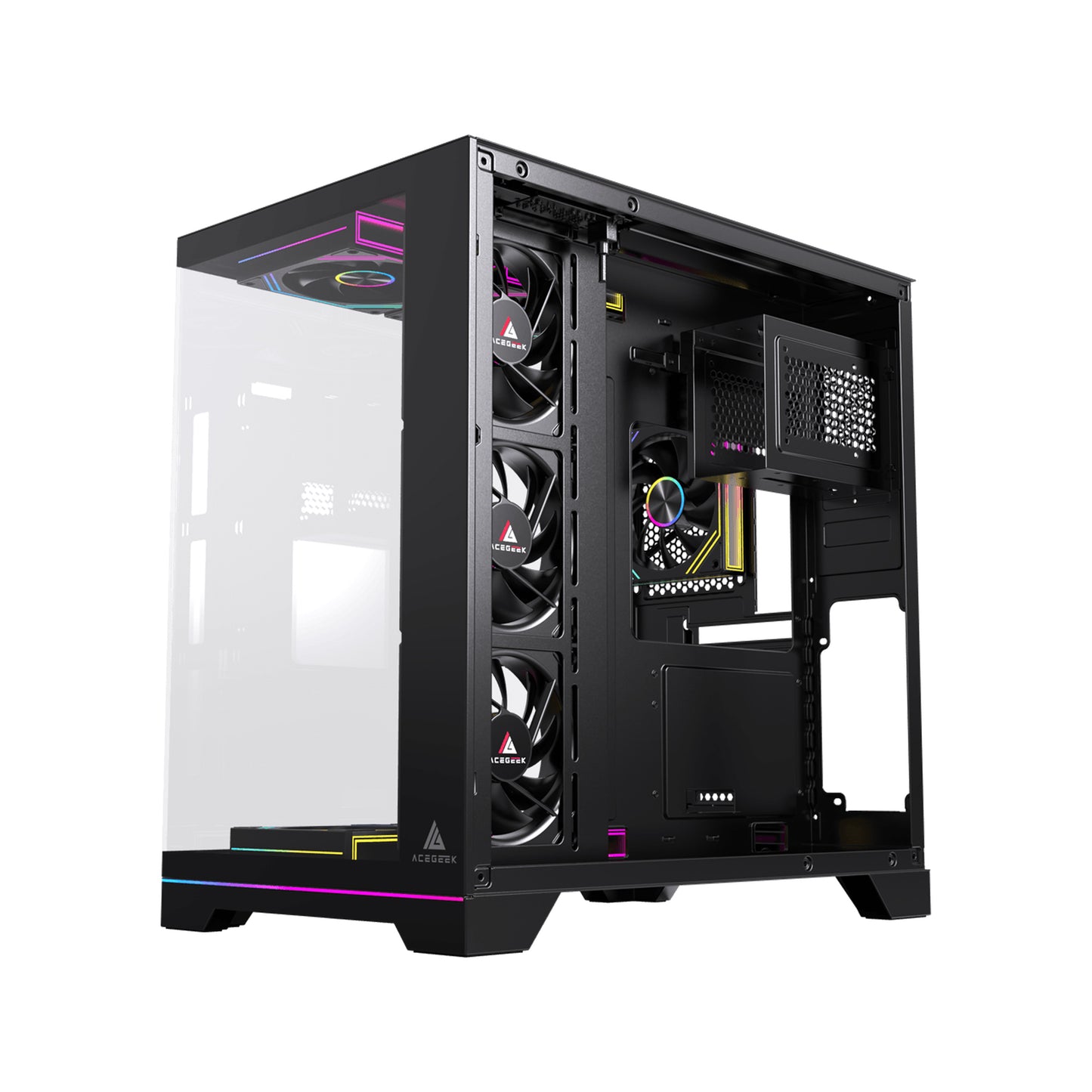 Acegeek Mercury R425X ATX Computer Case, Up to 360mm Radiator & 10x Fan Support, Dual Side Full Tempered Glass, 0.7mm SPCC Material, USB 3.0, USB 2.0 x2, HD Audio, Black