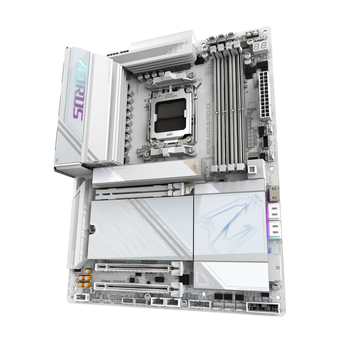 GIGABYTE X870E AORUS PRO ICE ATX Motherboard, AMD X870E Chipset, 4 x DDR5 DIMM Slots, Up to 256GB Memory, Wi-Fi 7 & Bluetooth 5.3, 1 x PCIe 5.0 x16, 4 x M.2 Slots