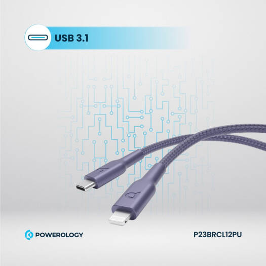 Powerology New Braided Type-C to Lightning Cable, 1.2M Length, PD 60W, 30000+ Bends, Fast Charging,P23BRCL12PU