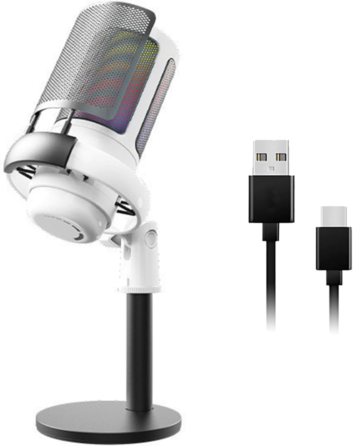 USB Gaming Microphone for PC with RGB Lighting, Mute Button & Gain Knob — Condenser Mic with Solid Base Stand-White