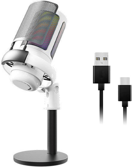 USB Gaming Microphone for PC with RGB Lighting, Mute Button & Gain Knob — Condenser Mic with Solid Base Stand-White