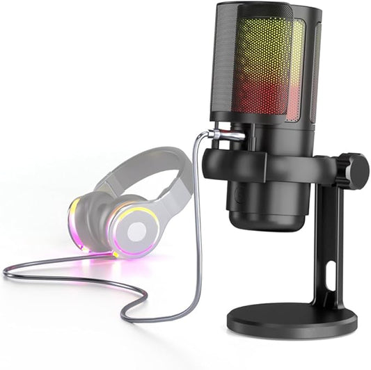 PC USB Gaming Microphone, Podcast Condenser Mic with Boom Arm, Pop Filter, Mute Button for Streaming, Online Chat, RGB Computer Mic for PS4/5 PC Gamer Youtuber(Black) - Games Corner  Games Corner 