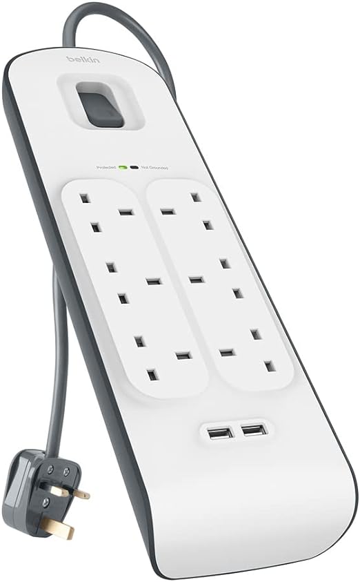 Belkin 6 Way 2 Meter Surge Protection Strip with x 2.4 Ampere USB Charging