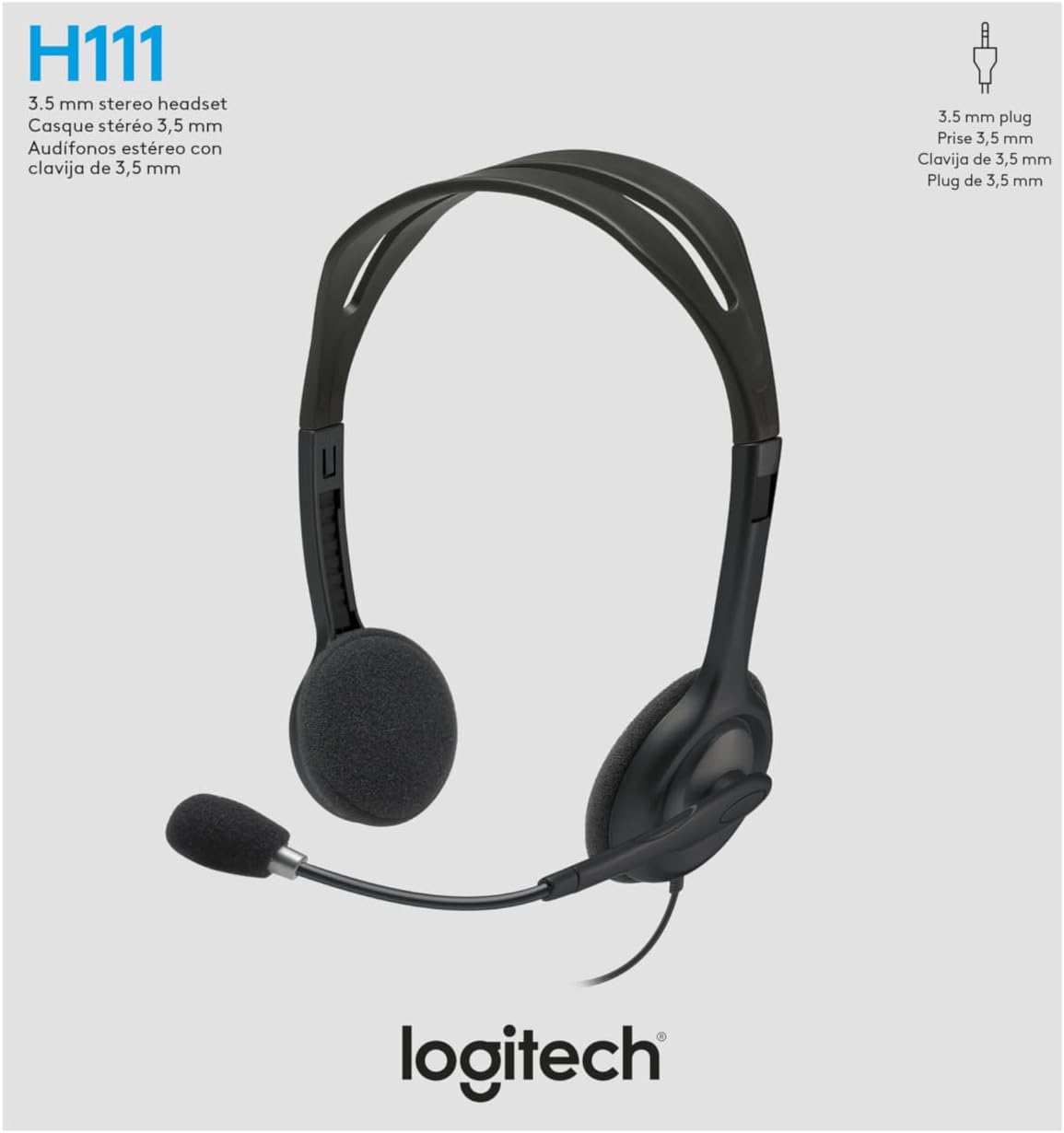 Logitech H111 Wired Headset, Stereo Headphones with Noise-Cancelling Microphone, 3.5 mm Audio Jack, PC/Mac/Laptop/Smartphone/Tablet - Black