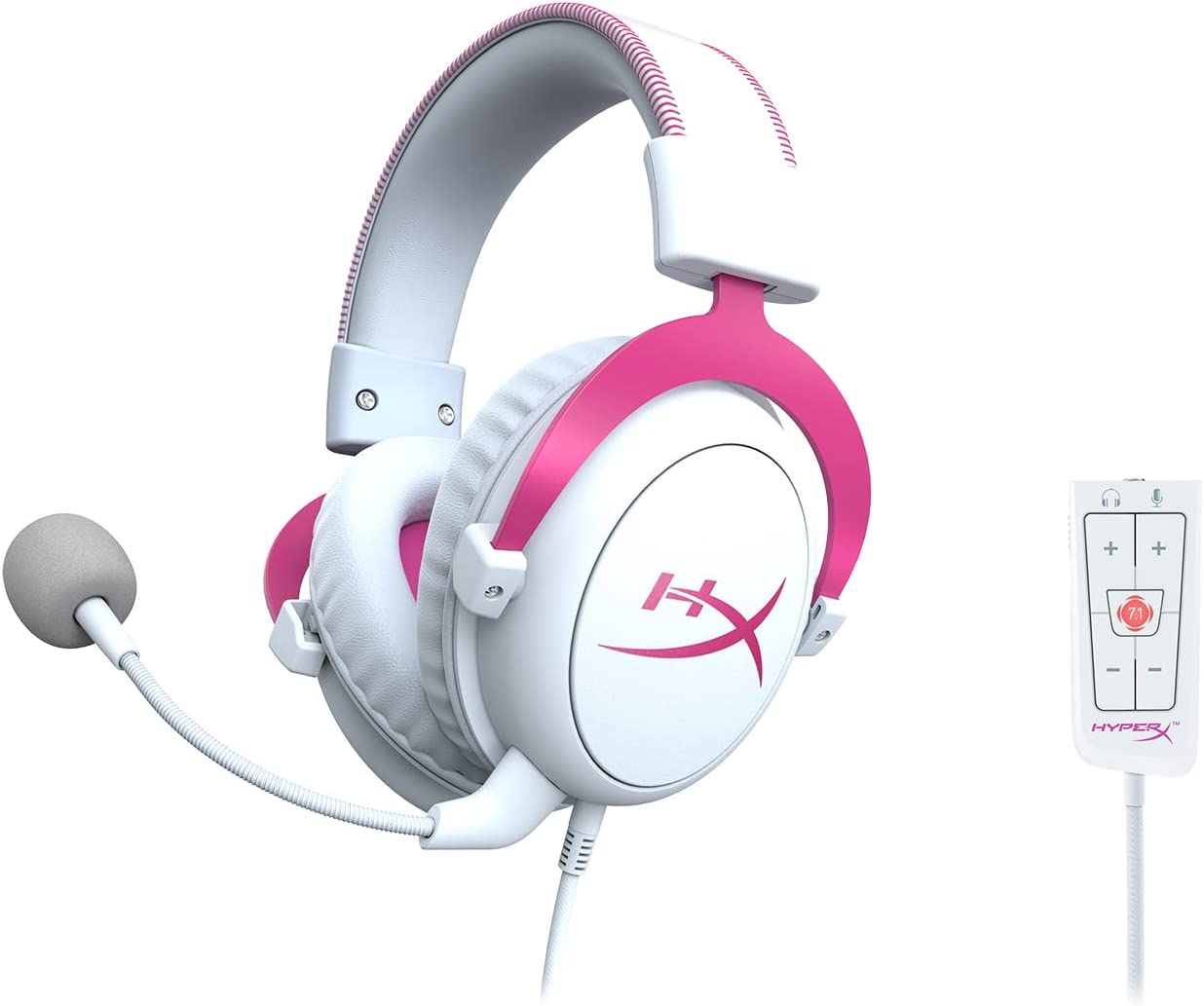 HyperX Cloud II - Gaming Headset, 7.1 Virtual Surround Sound, Memory Foam Ear Pads, Durable Aluminum Frame, Detachable Microphone, Works with PC, PS5, PS4 – White/Pink - Games Corner