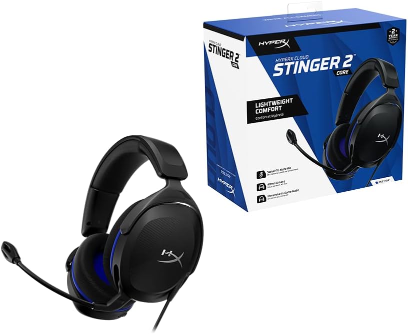 HyperX Cloud Stinger 2 Core - Gaming Headset for Playstation, Lightweight Over-Ear Headset with mic, Swivel-to-Mute Function, 40mm Drivers - Black