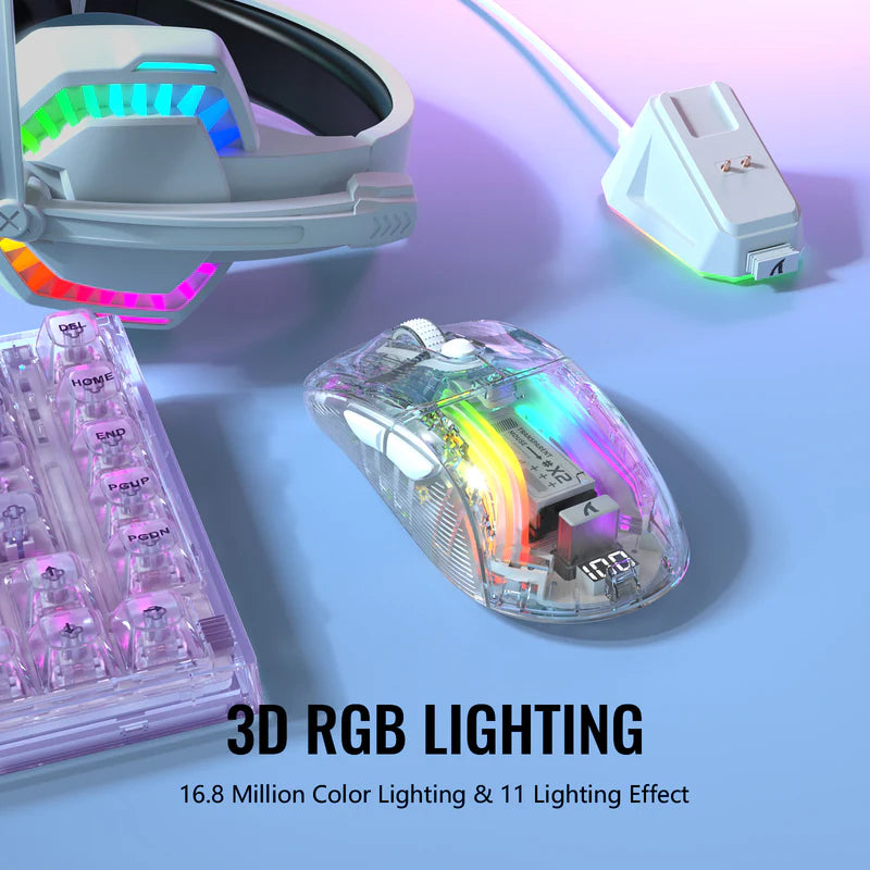 ATTACK SHARK X2 PRO Wireless Semi-Transparent Black Gaming Mouse with RGB Magnetic Charging Dock,Tri-Mode (BT/2.4G/Wired)-White