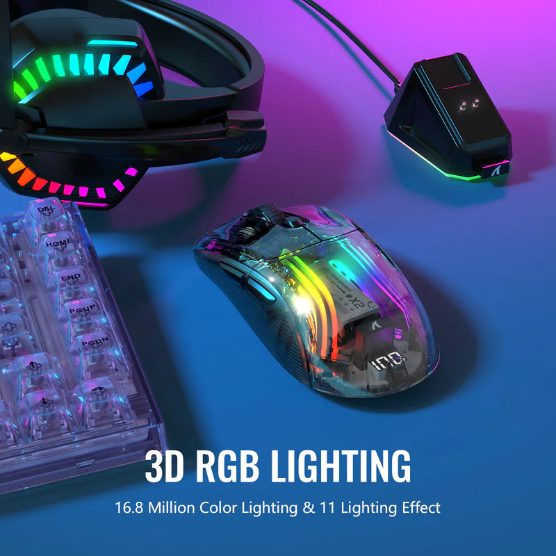 ATTACK SHARK X2 PRO Wireless Semi-Transparent Black Gaming Mouse with RGB Magnetic Charging Dock,Tri-Mode (BT/2.4G/Wired)-Black