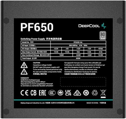 Deepcool PF650D 80 Plus Standard Power Supply, 650 Watts, 120mm Fan Size, Active PFC + Double Tube Forward, Taiwan Bulk Capacitor, Hypro Bearing, OPP/OVP/SCP Protection, Black | R-PF650D-HA0B-UK