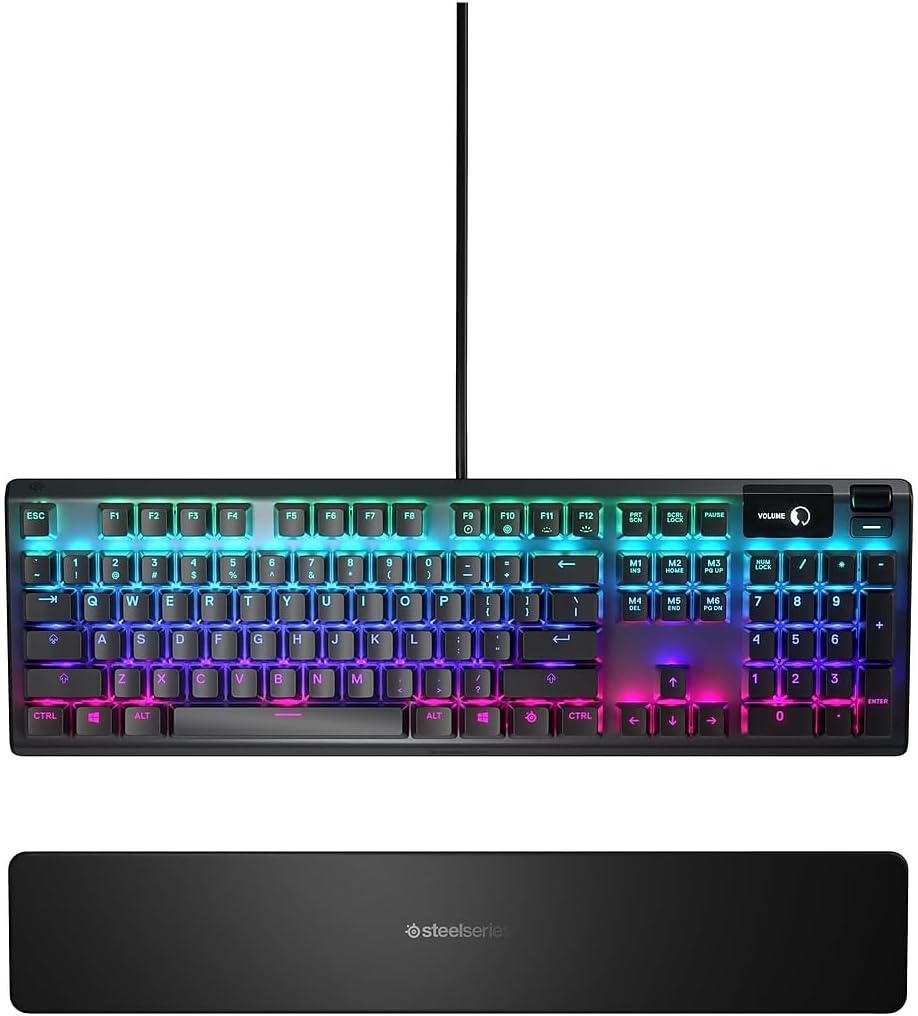 SteelSeries USB Apex 5 Hybrid Mechanical Gaming Keyboard – Per-Key RGB Illumination – Aircraft Grade Aluminum Alloy Frame – OLED Smart Display (Hybrid Blue Switch)-GC