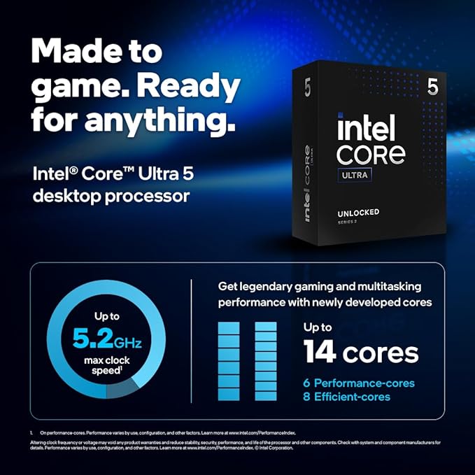 Intel Core Ultra 5 Desktop Processor 245K - 14 cores (6 P-cores + 8 E-cores) up to 5.2 GHz