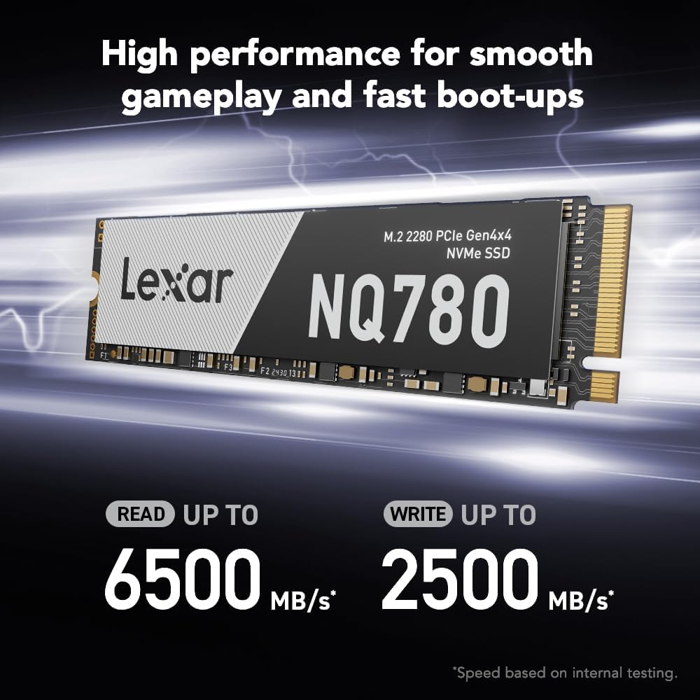Lexar NQ780 1TB PCIe Gen4 NVMe M.2 2280 Internal SSD – Up to 6500MB/s Read, 2500MB/s Write, High-Speed Solid State Drive for Gaming, PC, Laptop & Creators (LNQ780X001T-RNNNU)