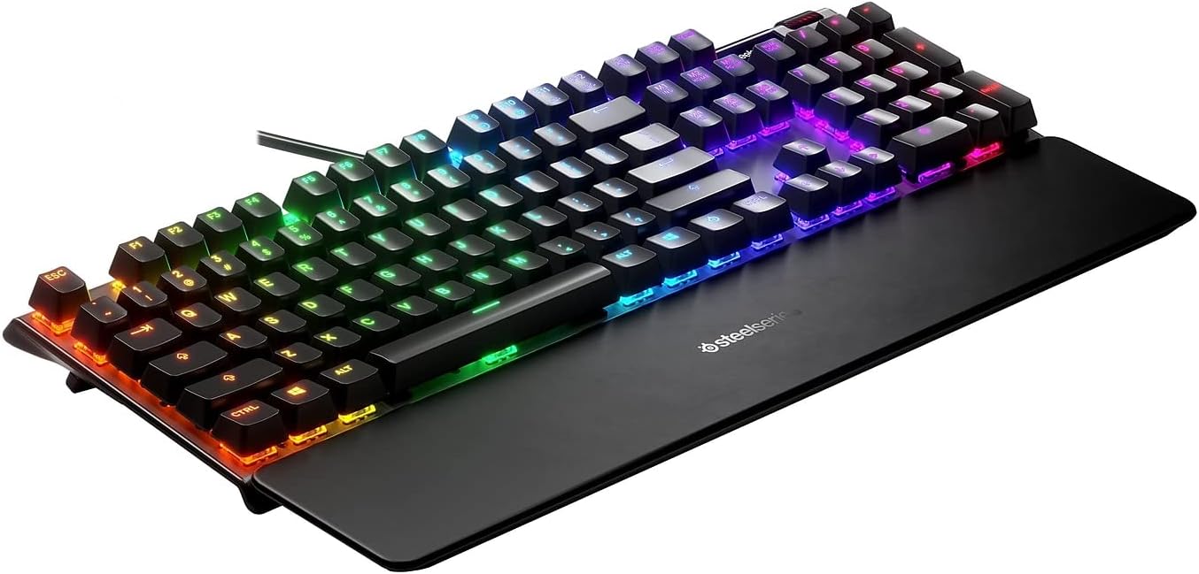 SteelSeries USB Apex 5 Hybrid Mechanical Gaming Keyboard – Per-Key RGB Illumination – Aircraft Grade Aluminum Alloy Frame – OLED Smart Display (Hybrid Blue Switch)-GC