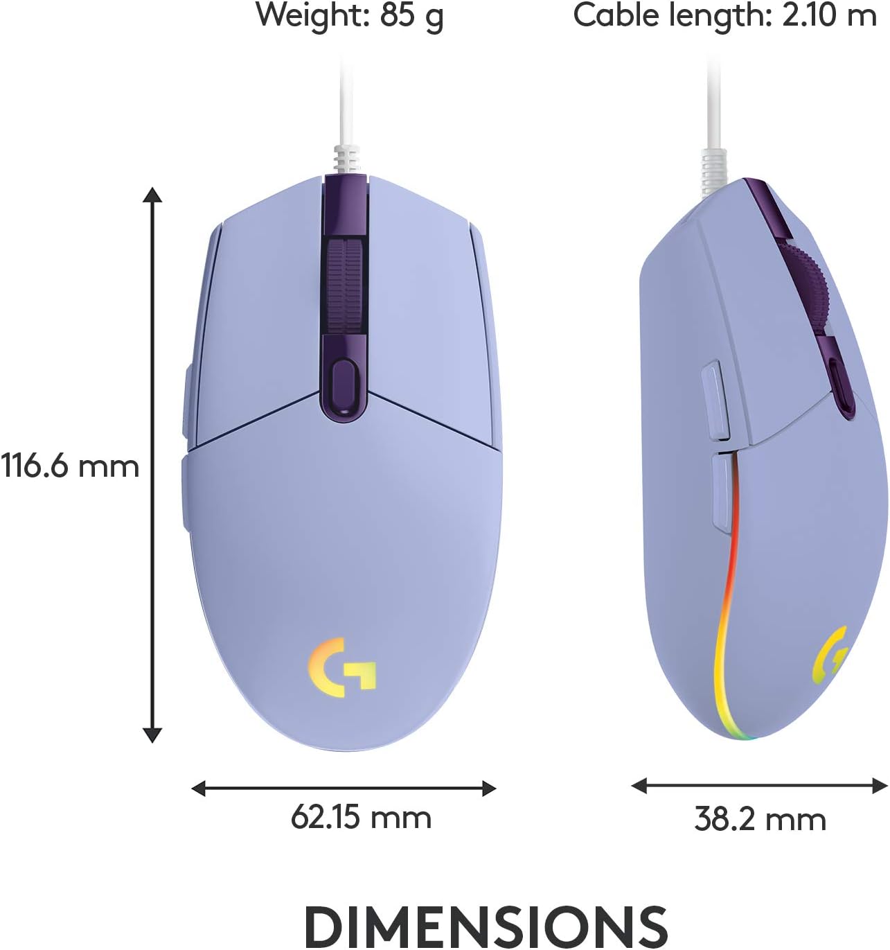 Logitech G203 Wired Gaming Mouse, 8,000 DPI, Rainbow Optical Effect LIGHTSYNC RGB, 6 Programmable Buttons, On-Board Memory, Screen Mapping, PC/Mac Computer and Laptop Compatible - Lilac