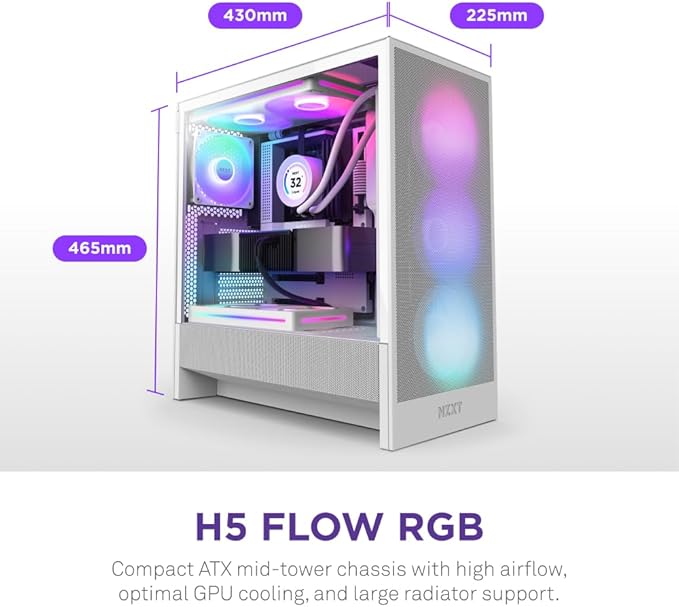 NZXT H5 Flow RGB 2024 - Compact ATX Mid-Tower PC Gaming Case - High Airflow - F360 RGB Core (CV) Included - 360mm Front & 240mm Top Radiator Support - Cable Management - Tempered Glass - White