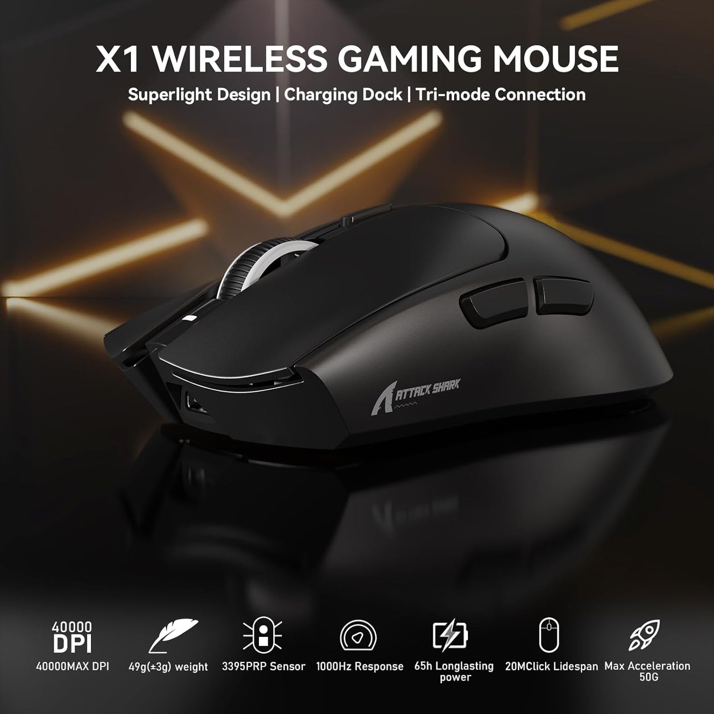 ATTACK SHARK X1 Wireless Gaming Mouse with RGB Charging Dock, PAW3395 PRO Sensor Up to 40K DPI,53g Ultra Light Tri-Mode Computer Mice,1KHz Polling Rate 5 Programmable Buttons for WIN/MAC-Black