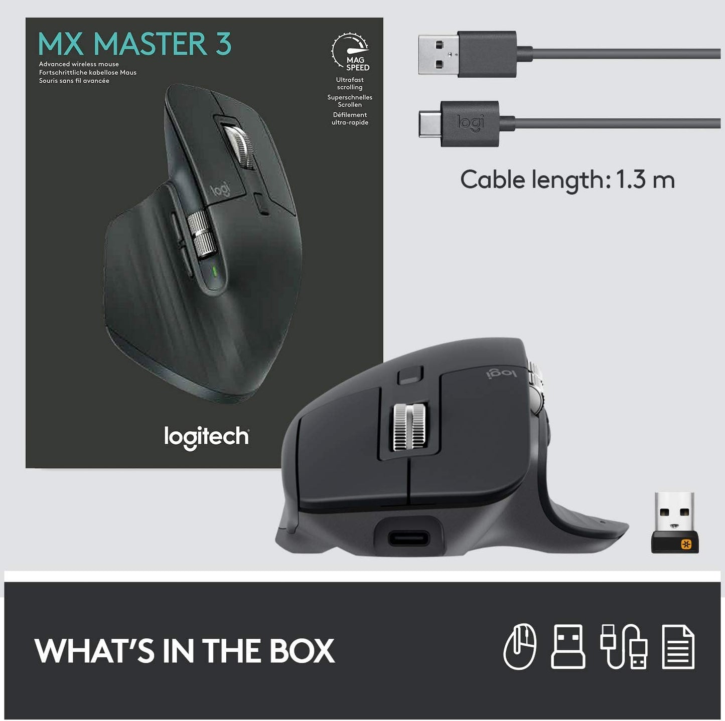 Logitech MX Master 3S - Wireless Performance Mouse with Ultra-fast Scrolling, Ergo, 8K DPI, Track on Glass, Quiet Clicks, USB-C, Bluetooth, Windows, Linux, Chrome - Graphite