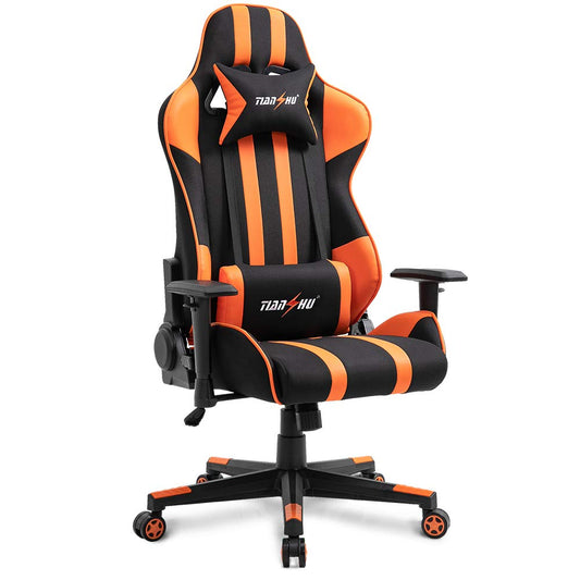TIANSHU Fabric & PU Leather Ergonomic Chair with Headrest and Lumbar Pillow Adjustable Swivel Gaming chair-Orange Black