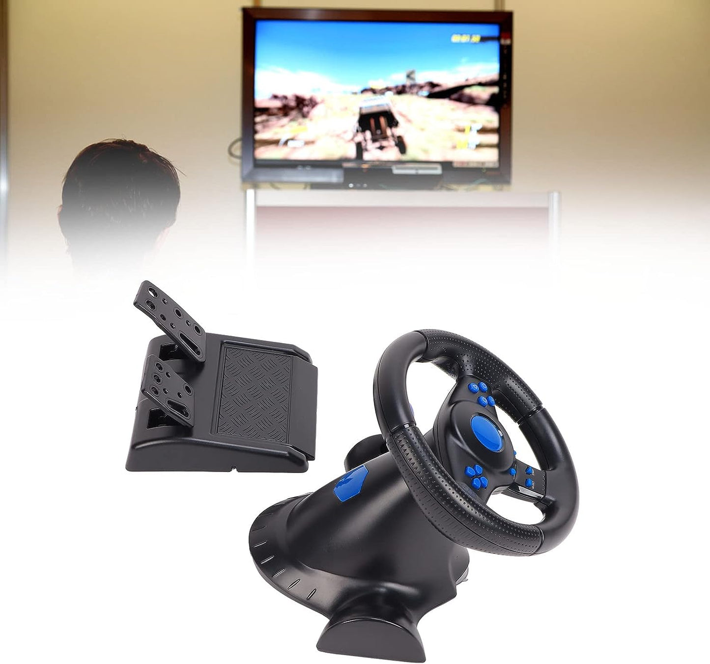 Game Steering Wheel, Vibration 180° Rotation Control Buttons Plug and Play Realistic USB Game Steering Wheel with Pedal