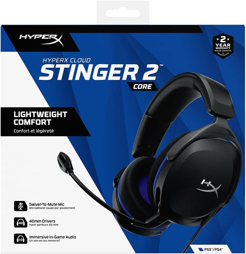 HyperX Cloud Stinger 2 Core - Gaming Headset for Playstation, Lightweight Over-Ear Headset with mic, Swivel-to-Mute Function, 40mm Drivers - Black