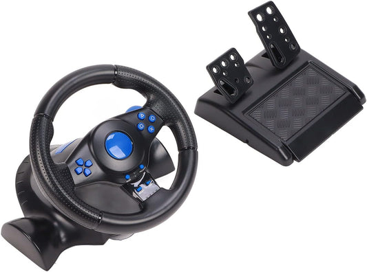 Game Steering Wheel, Vibration 180° Rotation Control Buttons Plug and Play Realistic USB Game Steering Wheel with Pedal