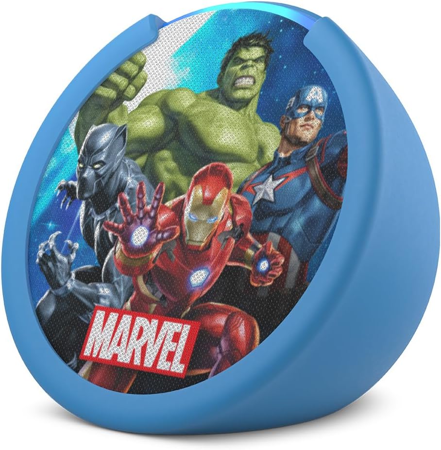 Amazon Echo Pop Kids (Newest Model) – Marvel Avengers Design, Age-Appropriate Audiobooks, Sleep Routines & Alexa+ Learning Experiences