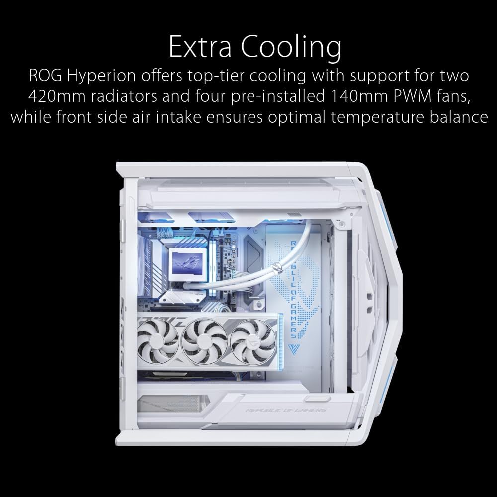 ASUS ROG Hyperion GR701 PC Case, Supports 2 x 420mm Radiators, 4 x 140mm PWM Fans, Flip Side Panels, Integrated VGA Support and ARGB Hub, Front Panel 2 x USB Type-C White