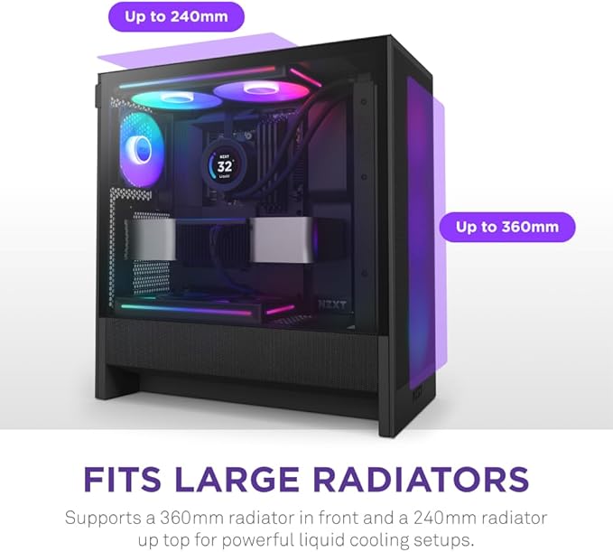 NZXT H5 Flow RGB 2024 - Compact ATX Mid-Tower PC Gaming Case - High Airflow - F360 RGB Core (CV) Included - 360mm Front & 240mm Top Radiator Support - Cable Management - Tempered Glass - Black