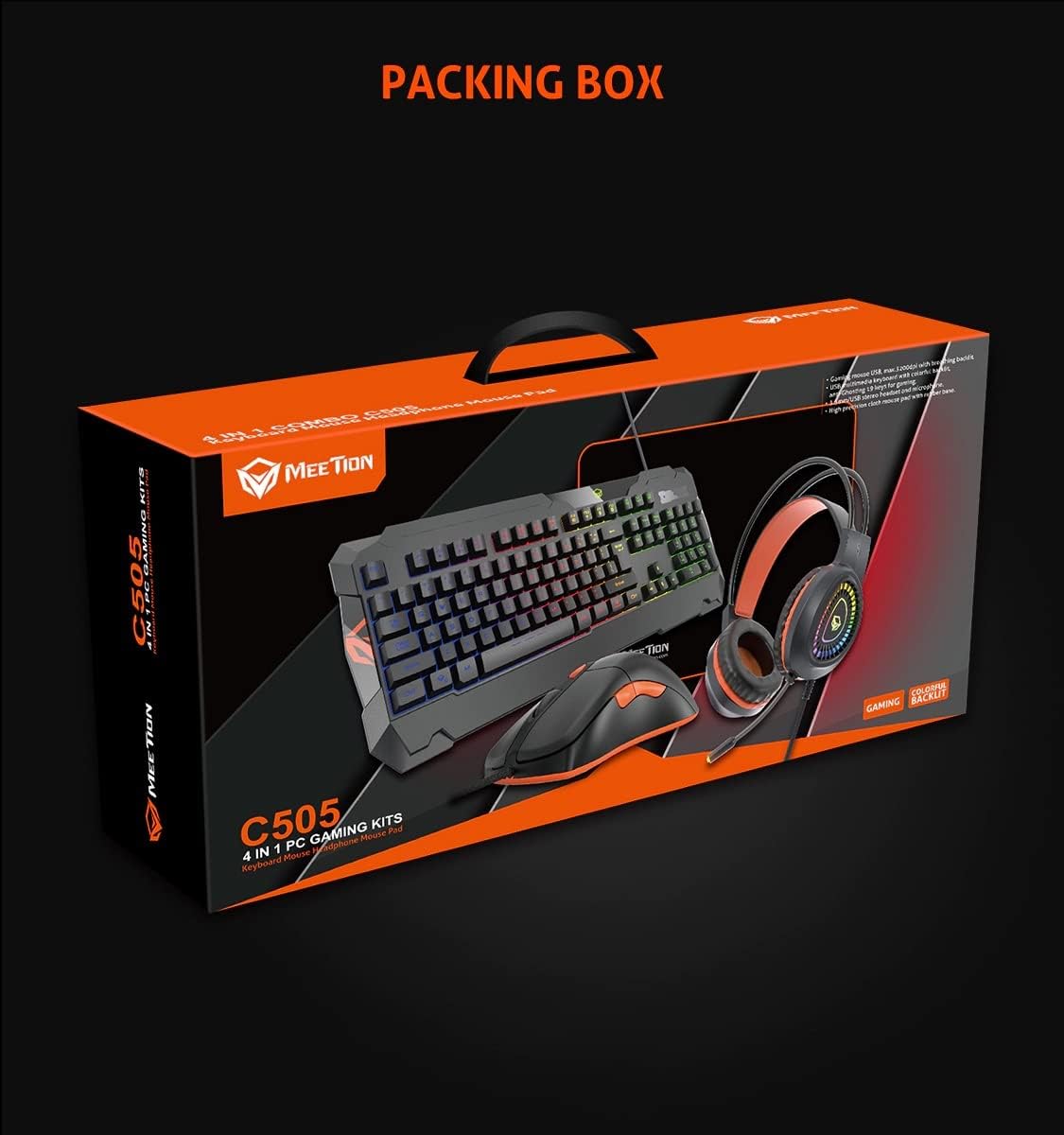 Meetion MT C505 4 in 1 Gaming Combo Kit, Anti Ghost RGB Gaming Keyboard, 5+1 Buttons 3200DPI Gaming Mouse, Backlit Gaming Headphone with Omni Directional Microphone, High Precision Gaming Mouse Pad