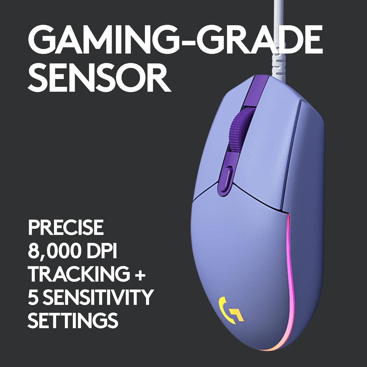 Logitech G203 Wired Gaming Mouse, 8,000 DPI, Rainbow Optical Effect LIGHTSYNC RGB, 6 Programmable Buttons, On-Board Memory, Screen Mapping, PC/Mac Computer and Laptop Compatible - Lilac