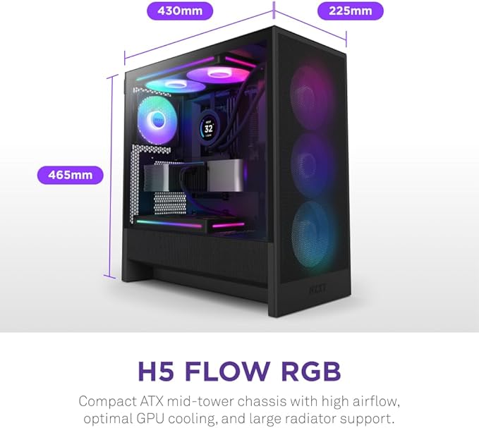 NZXT H5 Flow RGB 2024 - Compact ATX Mid-Tower PC Gaming Case - High Airflow - F360 RGB Core (CV) Included - 360mm Front & 240mm Top Radiator Support - Cable Management - Tempered Glass - Black