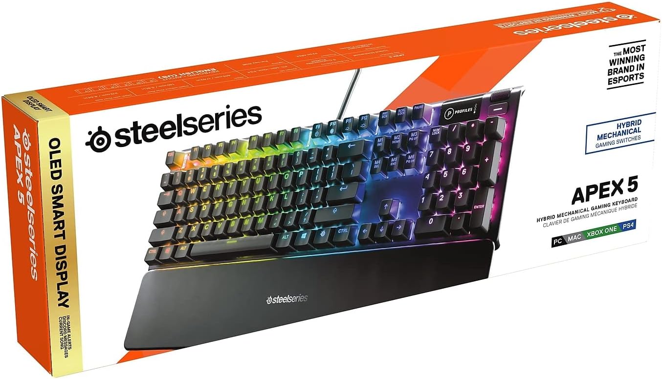 SteelSeries USB Apex 5 Hybrid Mechanical Gaming Keyboard – Per-Key RGB Illumination – Aircraft Grade Aluminum Alloy Frame – OLED Smart Display (Hybrid Blue Switch)-GC