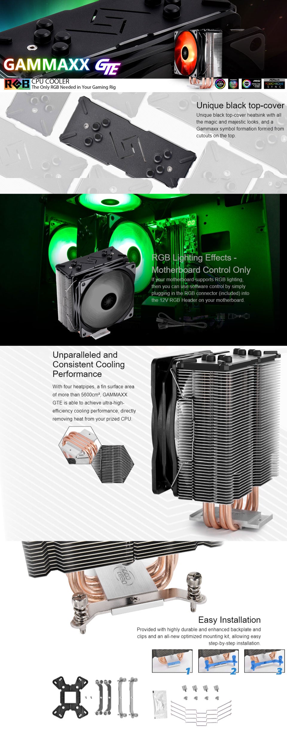 DEEPCOOL GAMMAXX GTE V2 RGB 4 HEATPIPES RGB LIGHTING EFFECTS - MOTHERBOARD CONTROL ONLY RGB CPU AIR COOLER | DP-MCH4-GMX-GTEV2