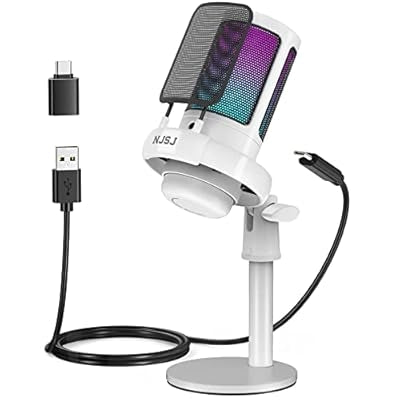 USB Gaming Microphone for PC with RGB Lighting, Mute Button & Gain Knob — Condenser Mic with Solid Base Stand-White Games Corner 