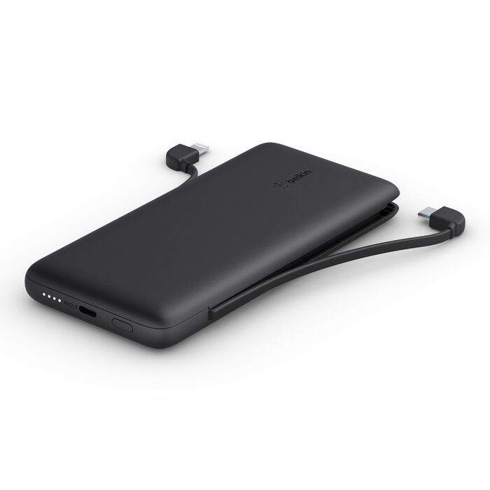 Belkin Boost Charge Plus 10K Portable Charger Power Bank, 10,000 mAh with Integrated Lightning (MFI) and Integrated USB-C Cables and Additional USB-C Charging Port - Black