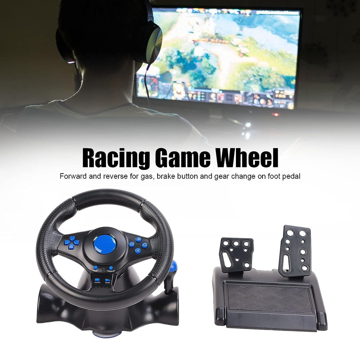 Game Steering Wheel, Vibration 180° Rotation Control Buttons Plug and Play Realistic USB Game Steering Wheel with Pedal